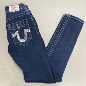 True Religion Jeans Dark Wash Skinny Denim Joey Sequin Logo Pockets Size 25